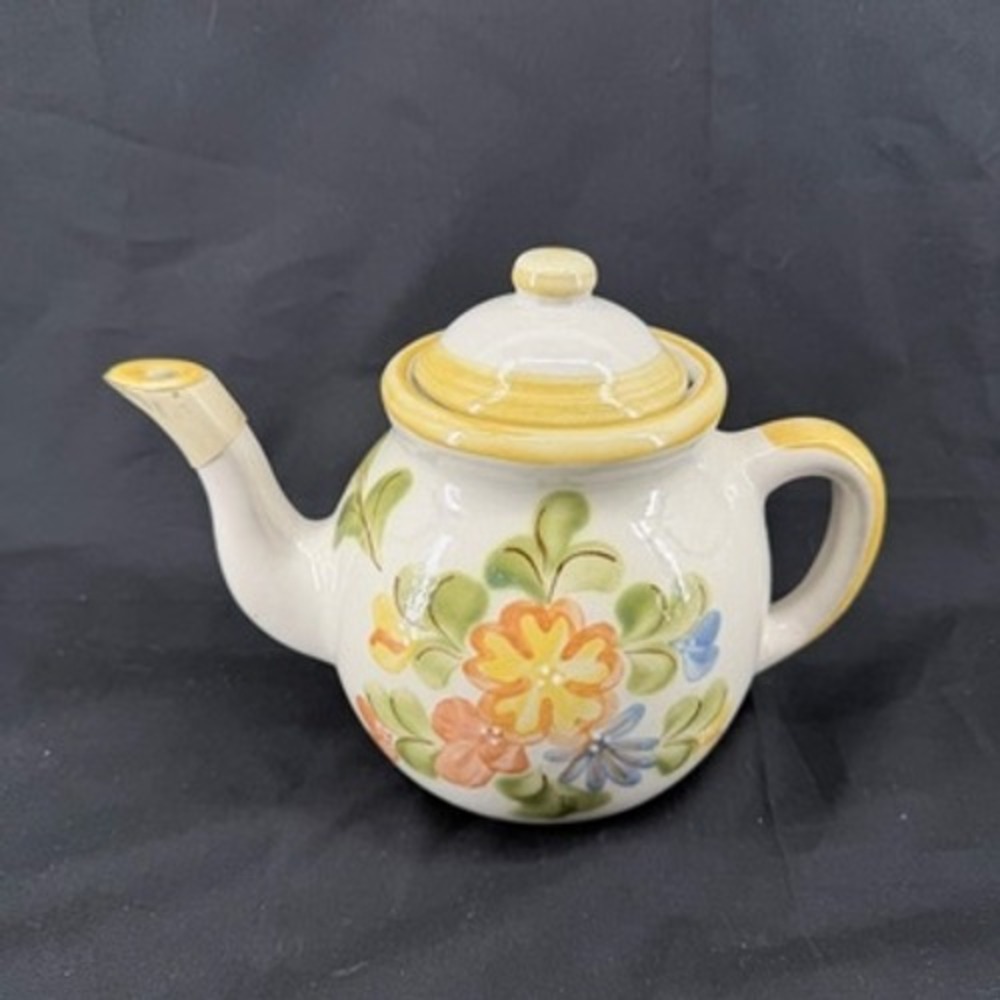 Louisville Stoneware Hand Painted Floral Teapot Made in Kentucky Yellow Orange